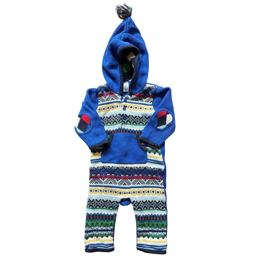 Baby Gap Blue Fair Isle Hooded‎ Sweater Romper Jumpsuit 6-12 Months